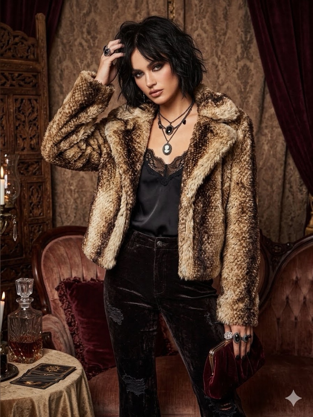 Show Me Your Mumu Mob Wife Boho Glam Whimsigoth Brown Faux Fur Crop Jacket S